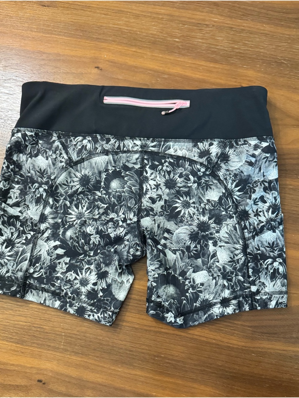 Women's Lululemon Black Floral Active Shorts with Pink Waistband - Picture 2 of 3